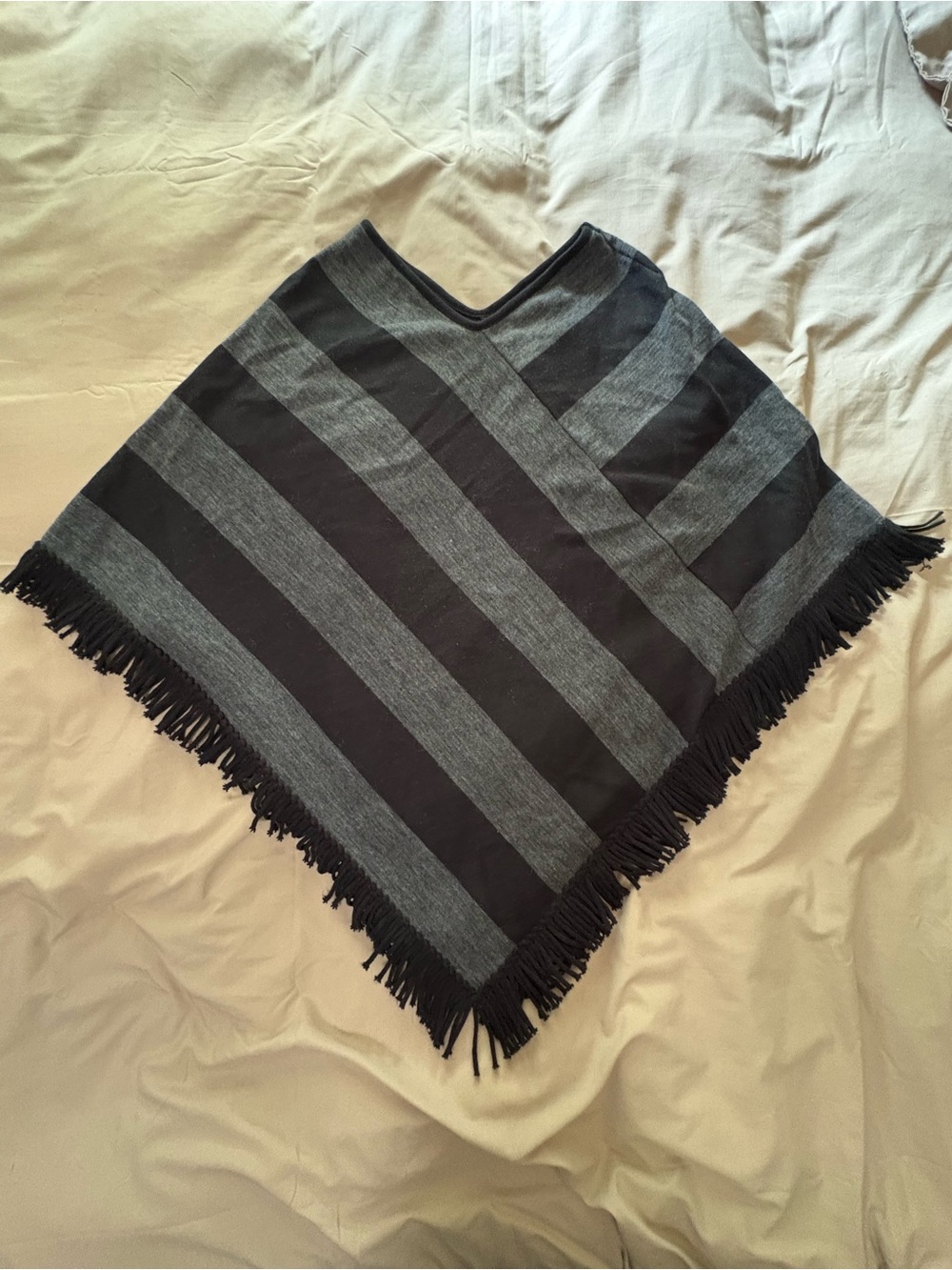 Classic Black & Gray Striped Fringe Poncho - Kim Roger’s